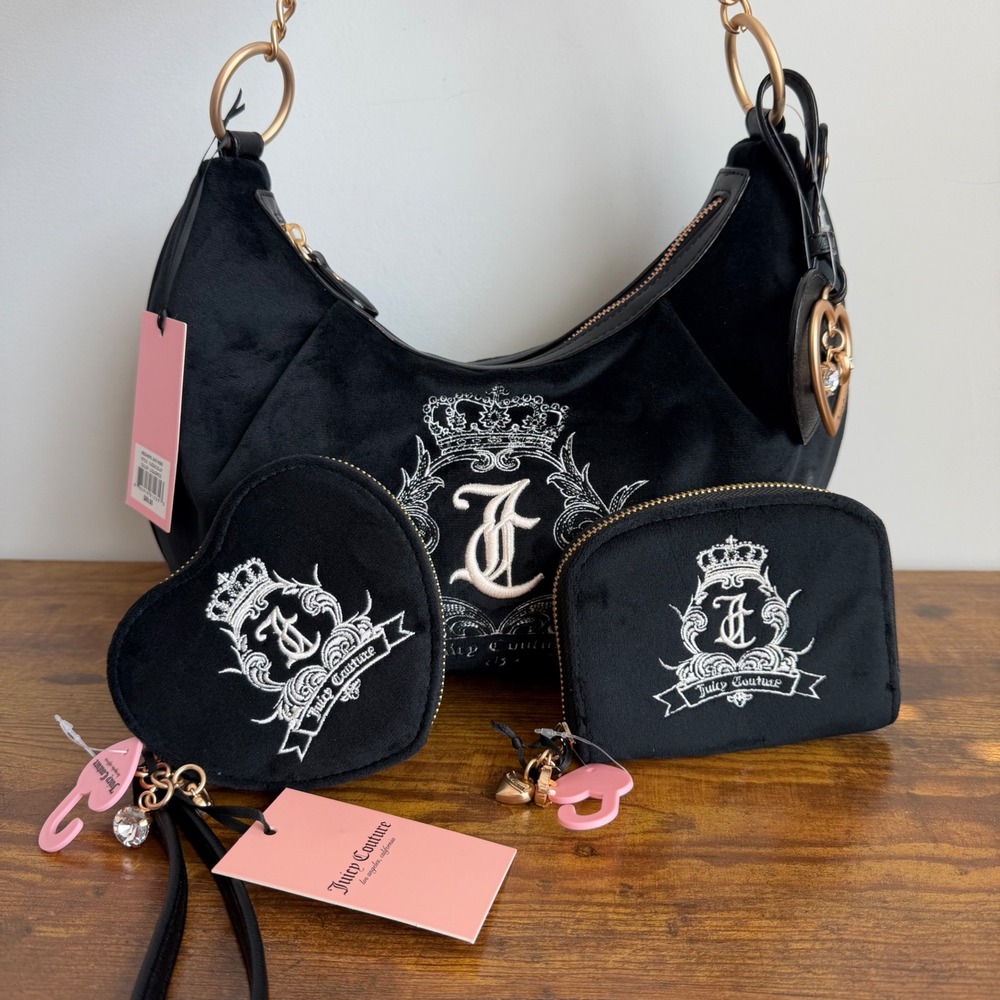 New Juicy Couture Need More Black Shoulder Hobo Handbag Wristlet Wallet Set Y2K